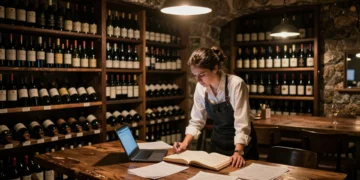 Sumiller concentrada revisando facturas y libros de contabilidad en una bodega de restaurante con estantes llenos de vino