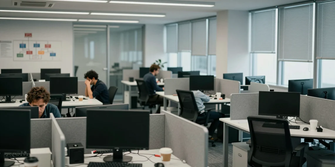 Oficina española semivacía con escritorios abandonados y empleados sobrecargados, reflejo del récord de absentismo laboral