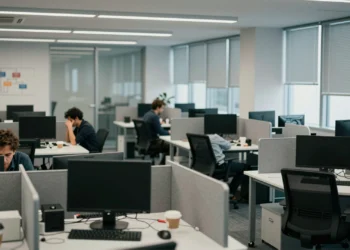 Oficina española semivacía con escritorios abandonados y empleados sobrecargados, reflejo del récord de absentismo laboral