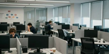 Oficina española semivacía con escritorios abandonados y empleados sobrecargados, reflejo del récord de absentismo laboral
