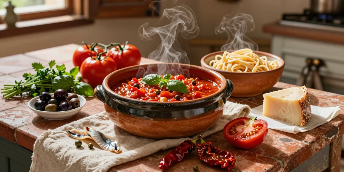 Olla de barro con salsa de tomate italiana, tomates San Marzano, hierbas frescas, aceitunas y parmesano en cocina rústica