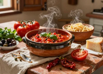 Olla de barro con salsa de tomate italiana, tomates San Marzano, hierbas frescas, aceitunas y parmesano en cocina rústica