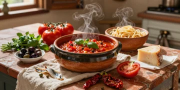 Olla de barro con salsa de tomate italiana, tomates San Marzano, hierbas frescas, aceitunas y parmesano en cocina rústica