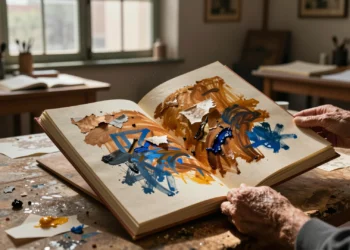 Manos de artista sosteniendo un libro de artista artesanal con pinceladas en ocre, siena y azul cobalto en estudio barcelonés