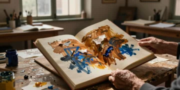 Manos de artista sosteniendo un libro de artista artesanal con pinceladas en ocre, siena y azul cobalto en estudio barcelonés