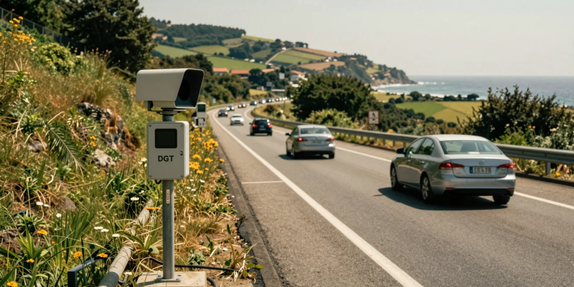 Radar de la DGT instalado en una carretera gallega con coches circulando en verano
