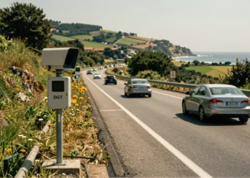 Radar de la DGT instalado en una carretera gallega con coches circulando en verano