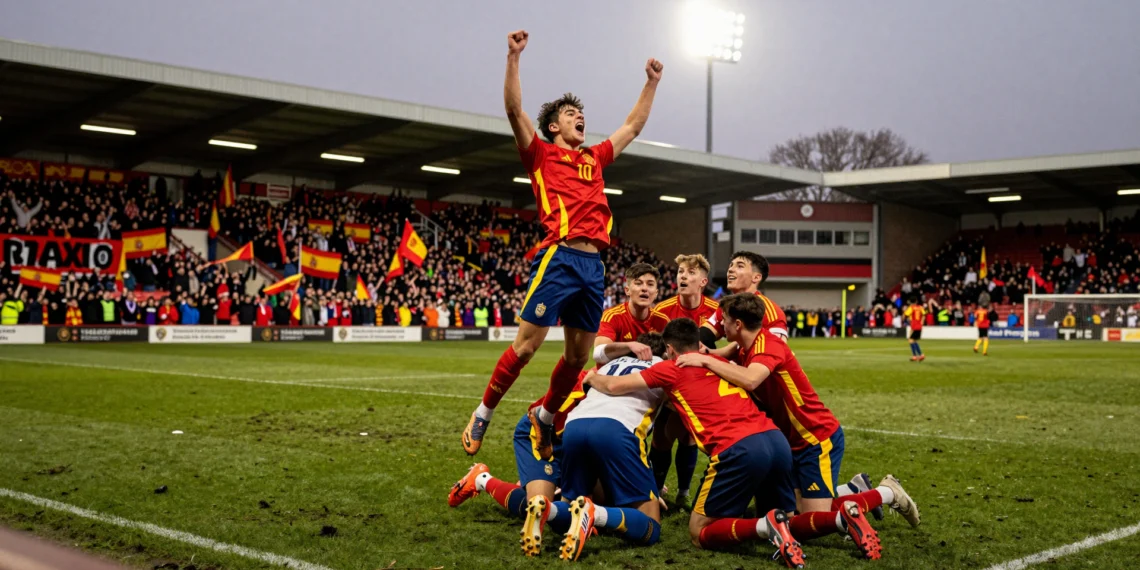 Jugadores de la selección española sub-19 celebran eufóricos en el césped tras ganar la final del Europeo ante Alemania