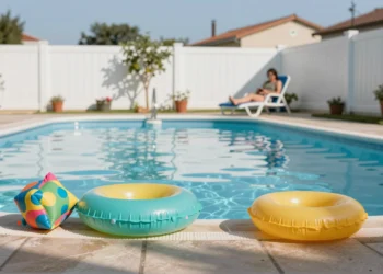 Manguitos y flotador infantil abandonados al borde de una piscina familiar en verano, con un adulto distraído al fondo