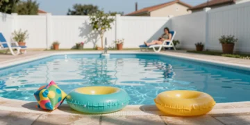 Manguitos y flotador infantil abandonados al borde de una piscina familiar en verano, con un adulto distraído al fondo