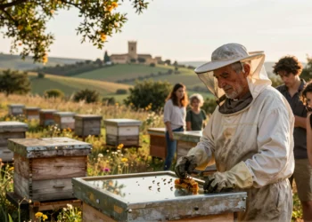 Apicultor español con traje blanco junto a colmenas de madera en prado silvestre, con visitantes observando abejas en España