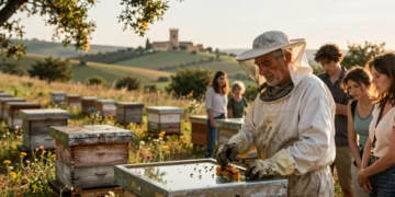 Apicultor español con traje blanco junto a colmenas de madera en prado silvestre, con visitantes observando abejas en España