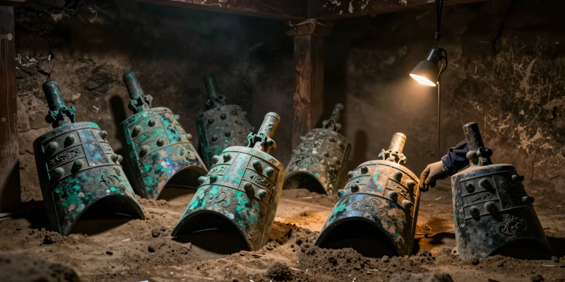 Arqueólogo desenterrando campanas de bronce antiguas en una tumba china de 2.600 años con pátina verdosa