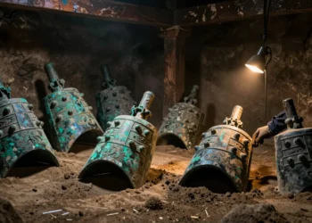 Arqueólogo desenterrando campanas de bronce antiguas en una tumba china de 2.600 años con pátina verdosa