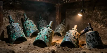 Arqueólogo desenterrando campanas de bronce antiguas en una tumba china de 2.600 años con pátina verdosa