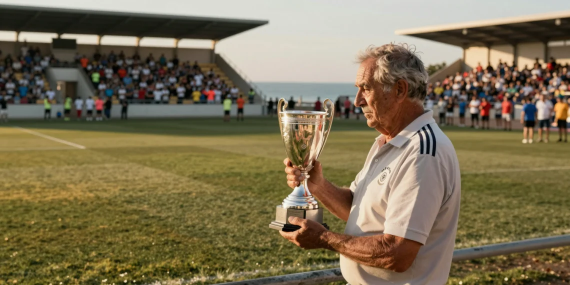 Luis Gallego sostiene un trofeo plateado en el estadio costero del Marino de Luanco, con el Mar Cantábrico al fondo