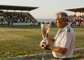 Luis Gallego sostiene un trofeo plateado en el estadio costero del Marino de Luanco, con el Mar Cantábrico al fondo