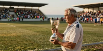 Luis Gallego sostiene un trofeo plateado en el estadio costero del Marino de Luanco, con el Mar Cantábrico al fondo
