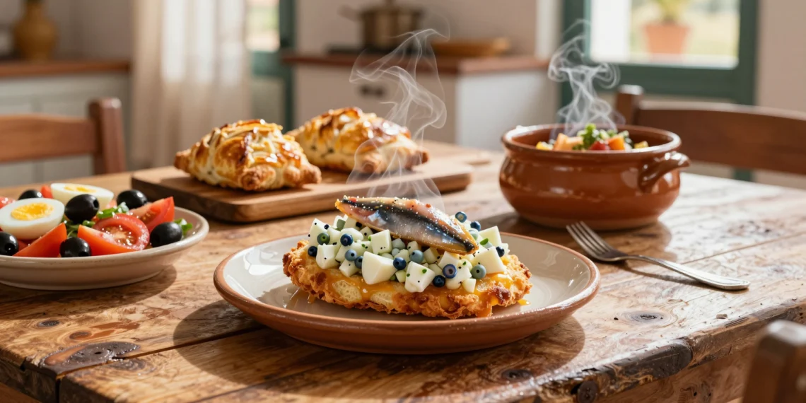 Mesa rústica con platos típicos murcianos: marinera, zarangollo, ensalada murciana y michirones en cocina mediterránea