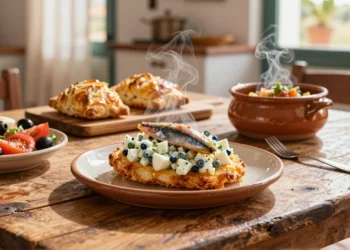 Mesa rústica con platos típicos murcianos: marinera, zarangollo, ensalada murciana y michirones en cocina mediterránea