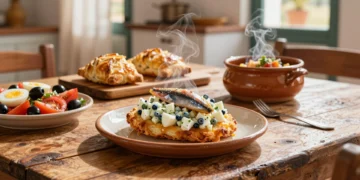 Mesa rústica con platos típicos murcianos: marinera, zarangollo, ensalada murciana y michirones en cocina mediterránea