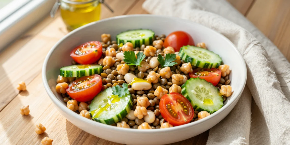 Ensalada mediterránea de garbanzos, lentejas y alubias blancas con tomates cherry y vinagreta de aceite de oliva