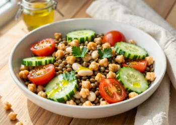 Ensalada mediterránea de garbanzos, lentejas y alubias blancas con tomates cherry y vinagreta de aceite de oliva