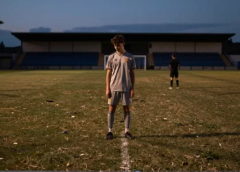 Futbolista joven solo en campo vacío al atardecer, con tres figuras distantes representando clubes en negociación