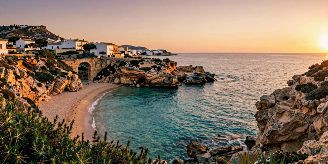 Cala mediterránea virgen en Murcia al atardecer, con acantilados de caliza, arco romano y pueblo pesquero de paredes blancas
