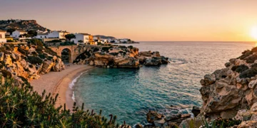 Cala mediterránea virgen en Murcia al atardecer, con acantilados de caliza, arco romano y pueblo pesquero de paredes blancas