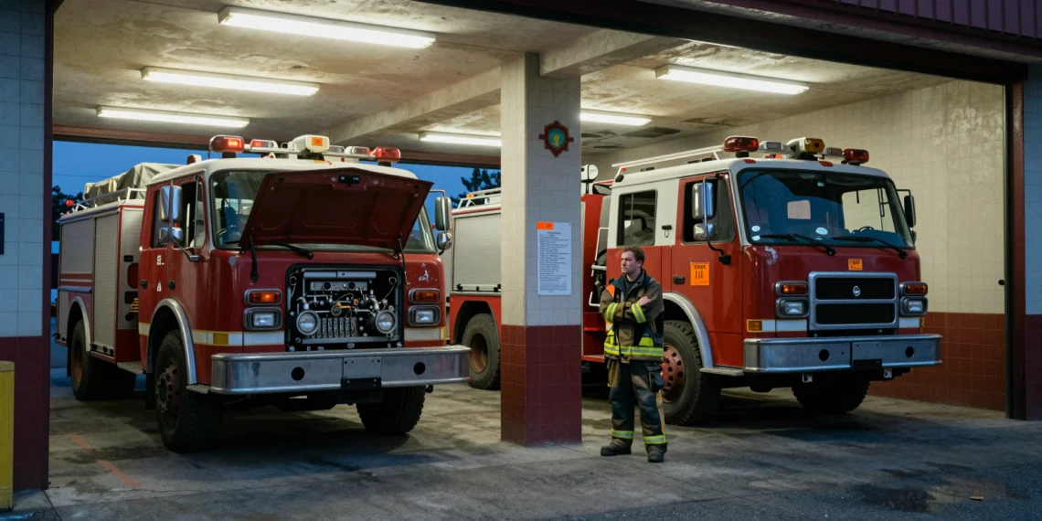 Interior del parque de bomberos de Águilas con camiones fuera de servicio y un bombero observando la flota deteriorada