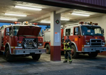 Interior del parque de bomberos de Águilas con camiones fuera de servicio y un bombero observando la flota deteriorada
