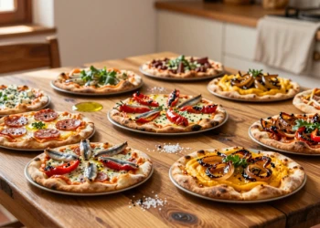 Mini pizzas caseras mediterráneas con sobrasada, queso azul, pimientos asados y anchoas sobre mesa rústica murciana