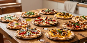 Mini pizzas caseras mediterráneas con sobrasada, queso azul, pimientos asados y anchoas sobre mesa rústica murciana