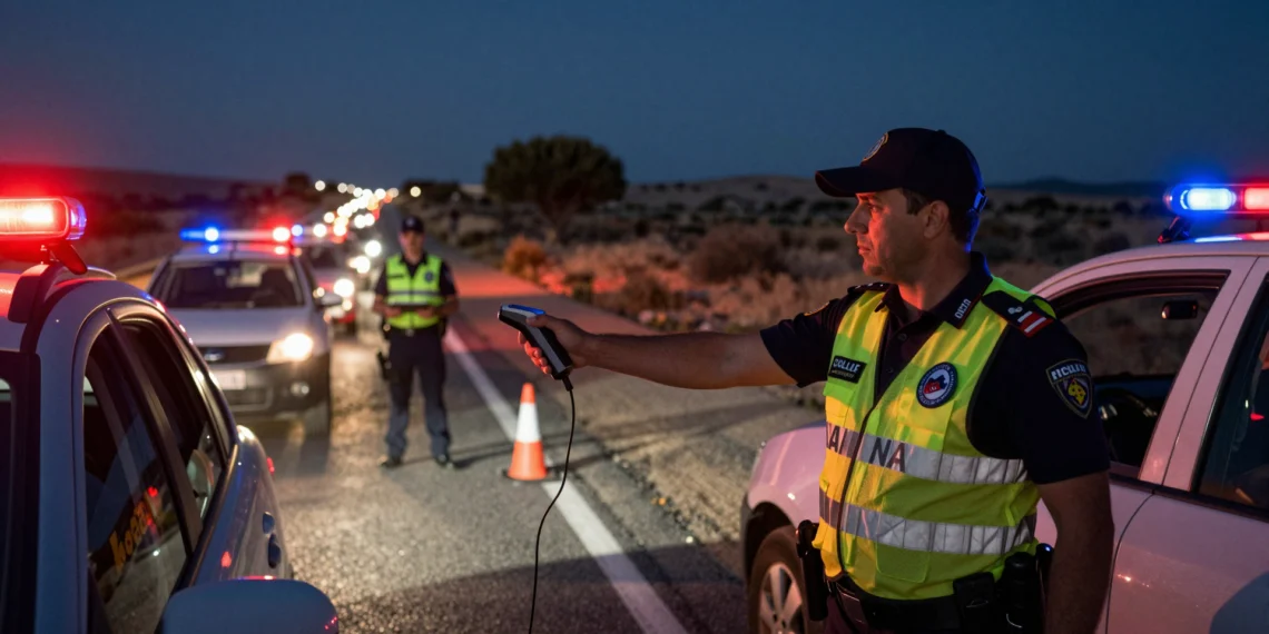 Agente de la Guardia Civil realiza control de alcoholemia nocturno en carretera de Murcia con alcoholímetro
