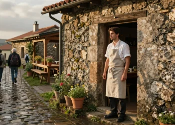 Joven chef gallego con delantal de lino en la puerta de su restaurante de piedra junto al Camino de Santiago