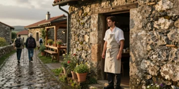 Joven chef gallego con delantal de lino en la puerta de su restaurante de piedra junto al Camino de Santiago