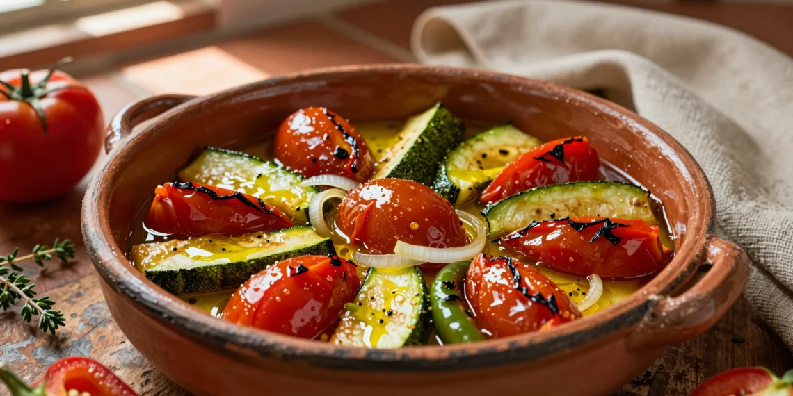 Cazuela de barro con pisto español tradicional, brillante de aceite de oliva, con tomates, calabacín, pimientos y cebolla