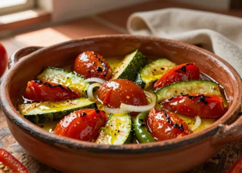 Cazuela de barro con pisto español tradicional, brillante de aceite de oliva, con tomates, calabacín, pimientos y cebolla