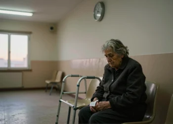 Anciana mayor espera sola en sala de servicios sociales en España, con andador y ticket numerado en mano
