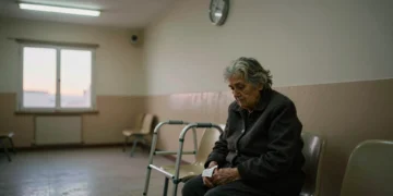 Anciana mayor espera sola en sala de servicios sociales en España, con andador y ticket numerado en mano
