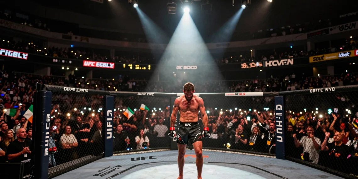 McGregor solo en el octágono del UFC 329 en Las Vegas, puños en alto bajo un foco dramático ante miles de fanáticos