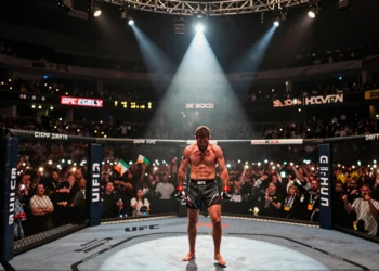 McGregor solo en el octágono del UFC 329 en Las Vegas, puños en alto bajo un foco dramático ante miles de fanáticos