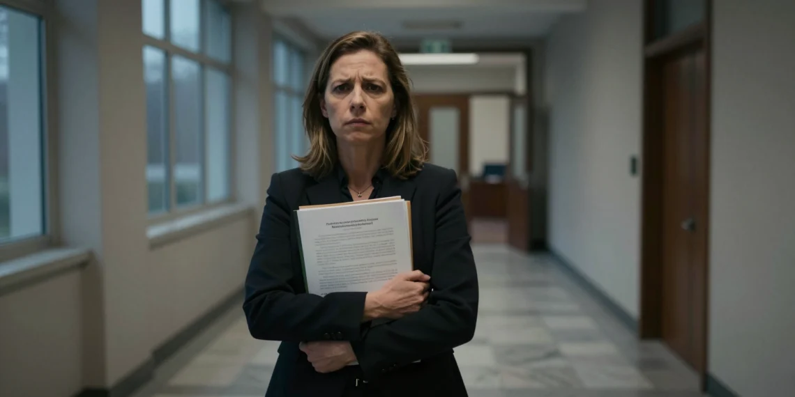 Mercedes Zarzalejo, exhausta y decidida, sostiene documentos en el pasillo de la Consejería de Educación de Madrid