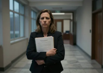 Mercedes Zarzalejo, exhausta y decidida, sostiene documentos en el pasillo de la Consejería de Educación de Madrid