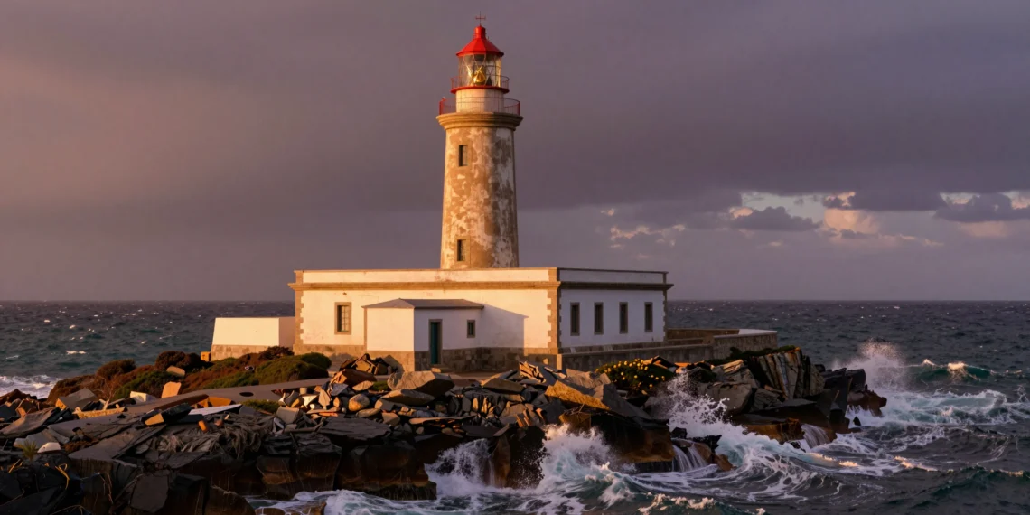 Faro español histórico sobre acantilados atlánticos al atardecer, con luz dorada y olas rompiendo en rocas