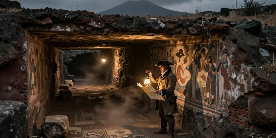 Ingeniero militar del siglo XVIII con linterna explora túneles de excavación subterránea en Pompeya con el Vesubio al fondo