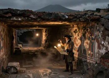 Ingeniero militar del siglo XVIII con linterna explora túneles de excavación subterránea en Pompeya con el Vesubio al fondo