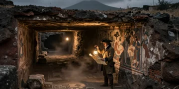 Ingeniero militar del siglo XVIII con linterna explora túneles de excavación subterránea en Pompeya con el Vesubio al fondo