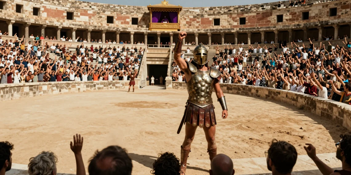 Gladiador victorioso saluda a la multitud en un anfiteatro romano bajo el sol, mientras el emperador observa con envidia